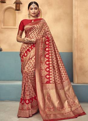 Red woven art silk saree with blouse 1