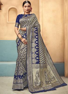 Navy blue woven art silk saree with blouse 1
