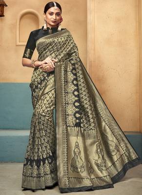 Black woven art silk saree with blouse 1