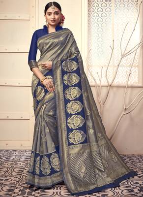 Navy blue woven art silk saree with blouse 1