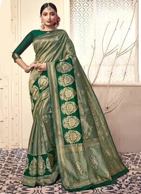 Green woven art silk saree with blouse 1