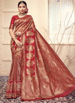 Red woven art silk saree with blouse 1