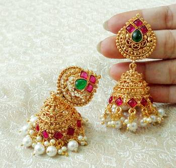 Lalso Designer Multicolor Gold Plated Big Size Jhumka Earrings - LSJE09_KG 2