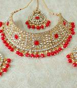 Lalso Gorgeous Red Bridal Kundan Choker Necklace Earring Maangtikka Jewelry Set - LKCN01_RD