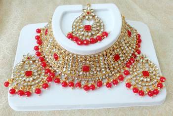 Lalso Gorgeous Red Bridal Kundan Choker Necklace Earring Maangtikka Jewelry Set - LKCN01_RD 2