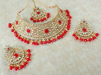 Lalso Gorgeous Red Bridal Kundan Choker Necklace Earring Maangtikka Jewelry Set - LKCN01_RD 3