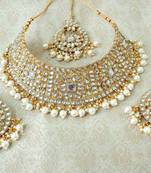 Lalso Gorgeous White Bridal Kundan Choker Necklace Earring Maangtikka Jewelry Set - LKCN01_WT