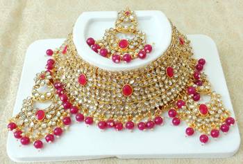 Lalso Gorgeous Ruby Bridal Kundan Choker Necklace Earring Maangtikka Jewelry Set - LKCN02_RB 2
