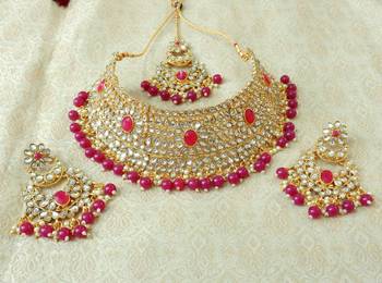 Lalso Gorgeous Ruby Bridal Kundan Choker Necklace Earring Maangtikka Jewelry Set - LKCN02_RB 3