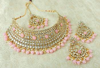 Lalso Gorgeous Baby Pink Bridal Kundan Choker Necklace Earring Maangtikka Jewelry Set - LKCN03_BP 1