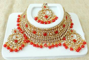 Lalso Gorgeous Red Bridal Kundan Choker Necklace Earring Maangtikka Jewelry Set - LKCN03_RD 2