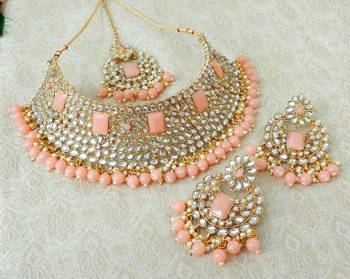 Lalso Gorgeous Peach Bridal Kundan Choker Necklace Earring Maangtikka Jewelry Set - LKCN04_PH 1