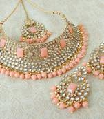 Lalso Gorgeous Peach Bridal Kundan Choker Necklace Earring Maangtikka Jewelry Set - LKCN04_PH