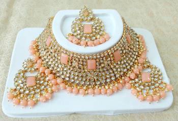 Lalso Gorgeous Peach Bridal Kundan Choker Necklace Earring Maangtikka Jewelry Set - LKCN04_PH 2