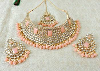 Lalso Gorgeous Peach Bridal Kundan Choker Necklace Earring Maangtikka Jewelry Set - LKCN04_PH 3