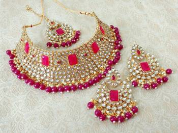 Lalso Gorgeous Ruby Bridal Kundan Choker Necklace Earring Maangtikka Jewelry Set - LKCN04_RB 1