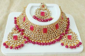 Lalso Gorgeous Ruby Bridal Kundan Choker Necklace Earring Maangtikka Jewelry Set - LKCN04_RB 2