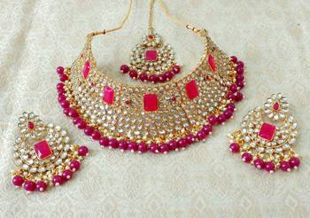 Lalso Gorgeous Ruby Bridal Kundan Choker Necklace Earring Maangtikka Jewelry Set - LKCN04_RB 3