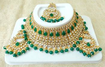 Lalso Gorgeous Green Bridal Kundan Choker Necklace Earring Maangtikka Jewelry Set - LKCN05_GR 2