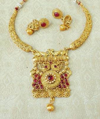 Lalso Kempu Gold Plated Delicate Kanti Haasli Necklace Earring Jewelry Set - LSDN13_KP 1