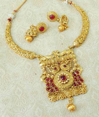 Lalso Kempu Gold Plated Delicate Kanti Haasli Necklace Earring Jewelry Set - LSDN13_KP 2