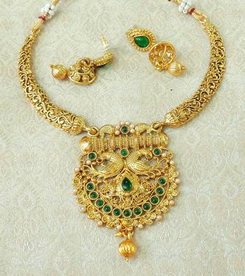 Lalso Green Gold Plated Delicate Kanti Haasli Necklace Earring Jewelry Set - LSDN14_GR 1