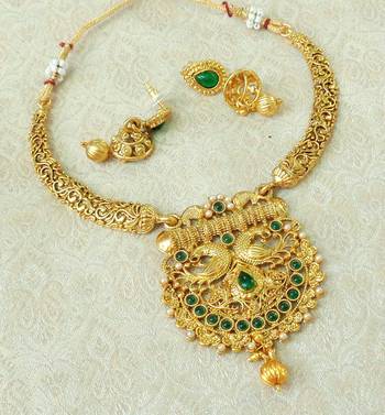 Lalso Green Gold Plated Delicate Kanti Haasli Necklace Earring Jewelry Set - LSDN14_GR 2