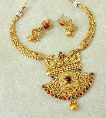 Lalso Kempu Green Gold Plated Delicate Kanti Haasli Necklace Earring Jewelry Set - LSDN15_KG 2