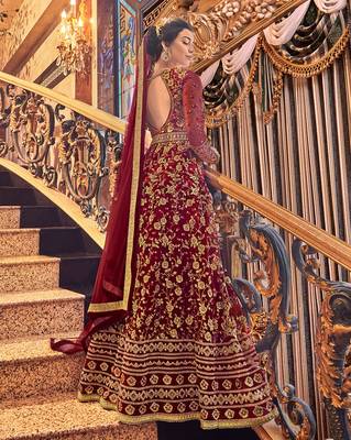 Red resham embroidery net salwar 3