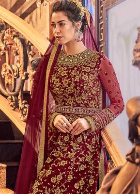 Red resham embroidery net salwar 4