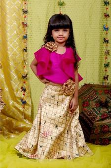 Pink Frilled Halter neck crop top with Ghagara