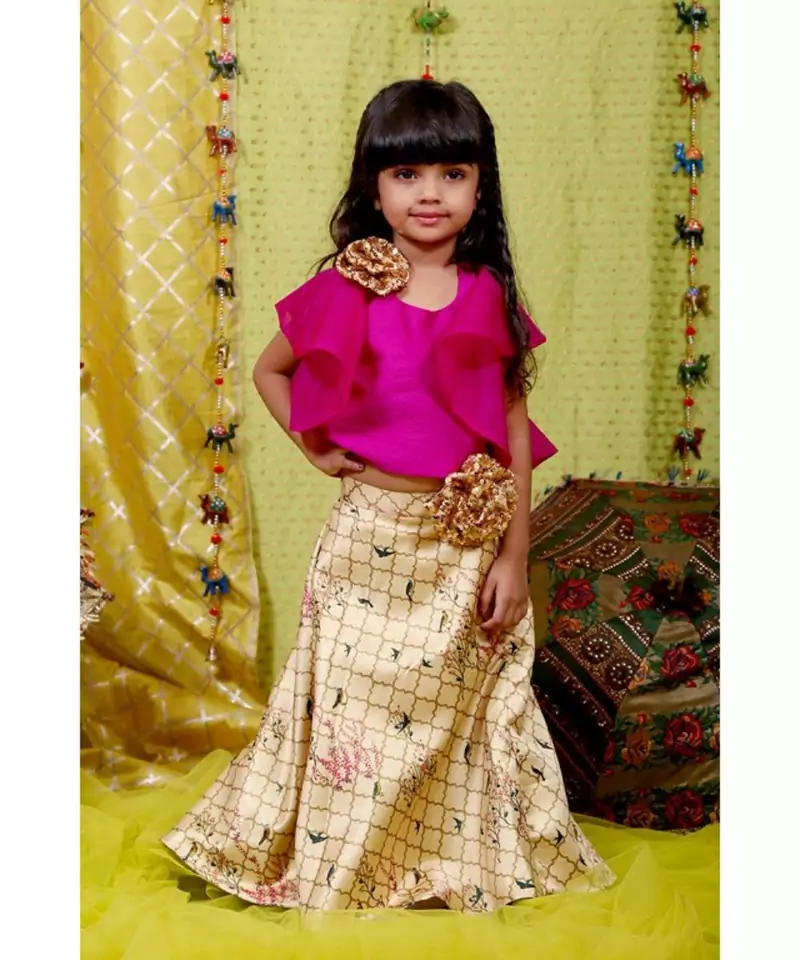 Pink Frilled Halter neck crop top with Ghagara