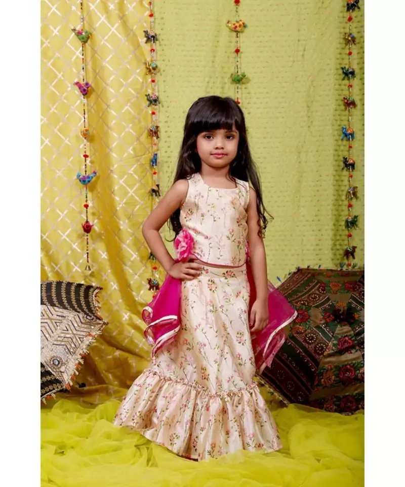 Beige Crop top with Frill Lahenga