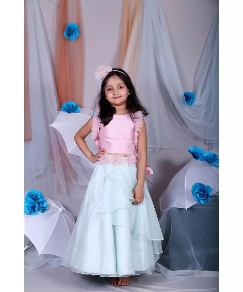 Peach Pleated sleeves crop top with layered lahenga