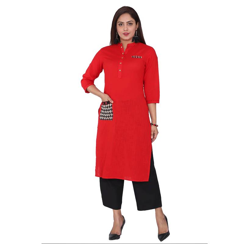 Women Poppy Red Solid Cotton Slub Kurta & Printed Koti Suti 3130038