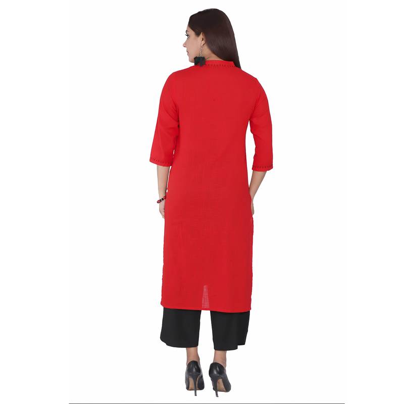 Women Poppy Red Solid Cotton Slub Kurta & Printed Koti Suti 3130038