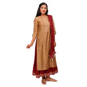 Women Khaki Embroidered Double Layered Chanderi Long Kurta 1