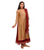 Women Khaki Embroidered Double Layered Chanderi Long Kurta