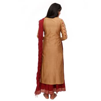 Women Khaki Embroidered Double Layered Chanderi Long Kurta 2