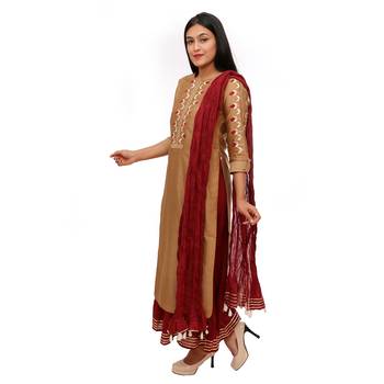Women Khaki Embroidered Double Layered Chanderi Long Kurta 3