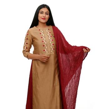 Women Khaki Embroidered Double Layered Chanderi Long Kurta 4