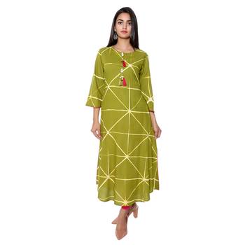 Women Green Tie-Dye Rayon Staple Long Kurta 1