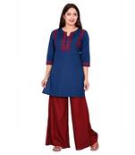 Women Blue Embroidered Cotton Kurta