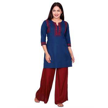 Women Blue Embroidered Cotton Kurta 3