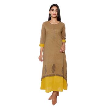 Women Mahendi Green Handblock Double Layer Cotton Kurta 1