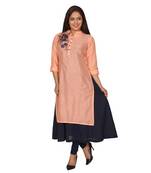 Women Blue & Peach Embroidered Chanderi Double Layered Long Kurta