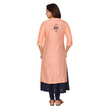 Women Blue & Peach Embroidered Chanderi Double Layered Long Kurta 2