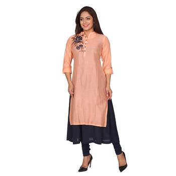 Women Blue & Peach Embroidered Chanderi Double Layered Long Kurta 3