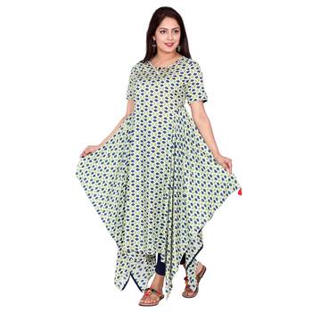 Women Green Printed Long Rayon Modal Kurta 1