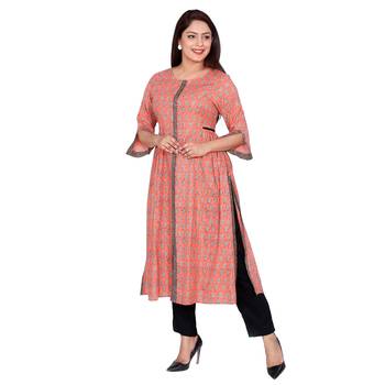 Women Peach Printed Double Layered Cotton Kurta 1